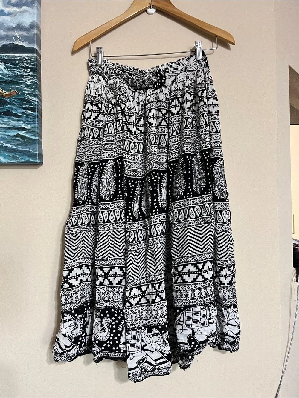 Lapogee black and white elephant paisley boho skirt